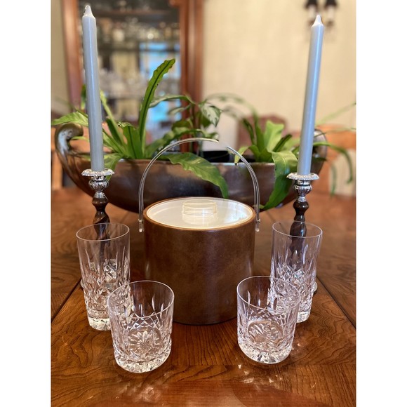 Vintage Georges Briard Tan Faux Leather Ice Bucket w/ Lucite Handle MCM - Picture 2 of 8